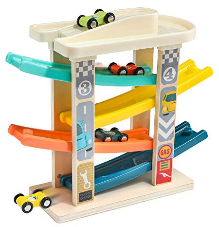 TOP BRIGHT Kugelbahn Autorennbahn aus Holz mit 4 Autos - Kinderspielzeug Geschenke für Kinder, Baby Spielzeug ab 1 Jahr Jungen und Mädchen