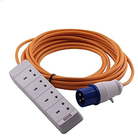 15m 4 Gang 16A Electric Hook Up Lead.Orange Cable Camping Caravan Lead