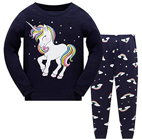 Tkiames Petit Filles Girafe Ensemble 2 Pièces Bien serré Coupe étroite Pyjama 100% Coton (Taille 1-10 Ans),Navy 1,6-7 ans