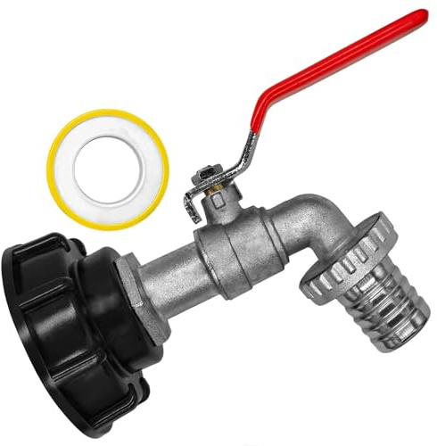 MegaHaustechnik IBC Container Tank Adapter Kappe S60x6 Grobgewinde Steigung 6mm Innendurchmesser 60mm mit Auslaufhahn 1 Zoll Außengewinde AG, Schlauchtülle Außendurmesser 25mm, Teflon Dichtband