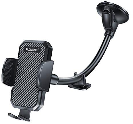 FLOVEME Soporte Movil Coche Ventosa para Parabrisas, Suporte Telemovel Carro con Cuello de Cisne Largo, Universal Soporte Móvil Coche Compatible con iPhone Samsung Huawei, etc - Negro