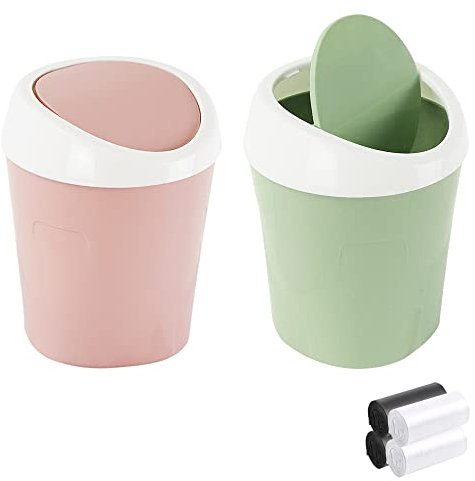 QLFJ-FurDec 2 Piezas Mini Papelera Escritorio, Papelera Sobremesa con Tapa Abatible y 4 Rollos de Bolsas, 10x12x17cm Papelera de Mesa para Hogar, Oficina, Mesa del Tocador(Rosa, Verde)