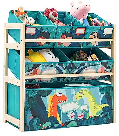 NUKied Spielzeug-Organizer|Aufbewahrungsregal|3-stöckiges Holzregal für Kinder mit Regalboxen|Bücherregal für |Kinder|Kinderzimmer|Schule|Kindergarten Stoffschubladen für Bücher und Spielzeug