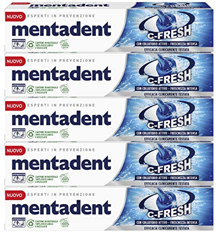 Mentadent 5 x Zahnpasta mit aktivem Mundwasser Intense Frische – 5 Flaschen à 75 ml, Pasta, Minze, Produkt für die Mundhygiene