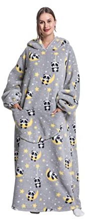 Pterygoid Extra lång överdimensionerad filt/huvtröja, bärbar filt med huva och ärmar för kvinnor och män, mjuk fleece, bärbart överkast, gigantisk tröja med ficka för vuxna, panda, L-5XL