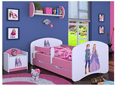 BDW Kinderbett mit Matratze und Bettkasten - NEU, 140/160/180/190 Verschiedene Motive Für Junge ROSA (Prinzessin mit Prinz, 140x70)