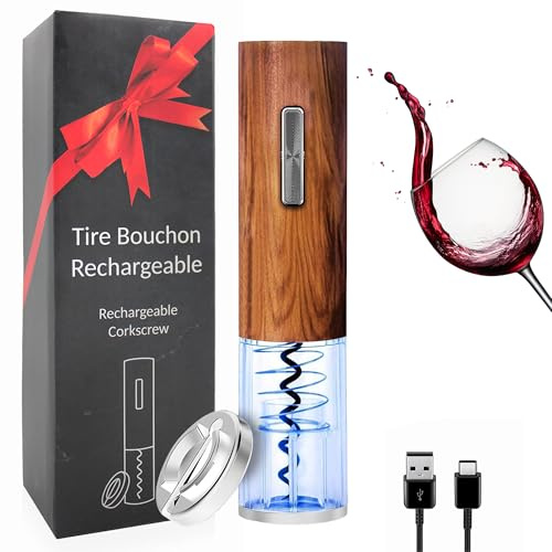 FISHTEC - Tire Bouchon Électrique LED Rechargeable - Ouvre Bouteille Vin Automatique Effet Bois Coupe Capsule Batterie Longue Durée 300 Bouteilles USB Type C ABS Dimensions 4,8x20,5 Cm