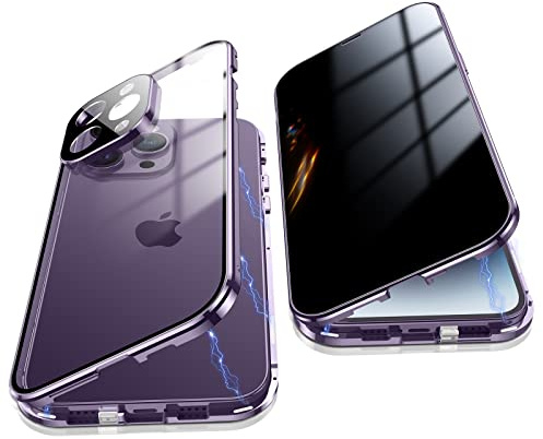 Jonwelsy Anti Peeping Hülle für iPhone 14 Pro Max, 360 Grad Schutz Case, Privatsphäre Gehärtetes Glas Anti-Spähen Cover, Stark Magnetische Adsorption Metallrahmen Handyhülle für 14 Pro Max (Violett)