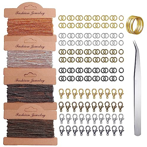39 Fuß Gliederkette Meterware, 4 Farben Schmuckkette, Ketten Basteln Metall, Schmuck DIY Mit 40 Karabinerverschlüsse Und 120 Sprung Ringe für Schmuckherstellung