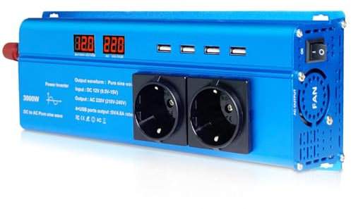 Wechselrichter 12V 230V Reiner Sinus 1500W /3000W Spannungswandler mit 2 AC-Steckdose 4 USB 2 LED