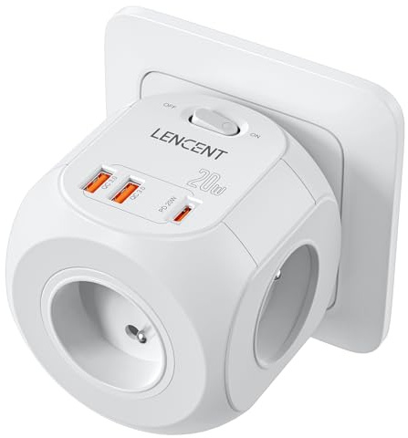 LENCENT Multiprise Murale Cube Interrupteur 4 Prises & 1 Type C et 2 USB | Chargeur Rapide 20W, Adaptateur Secteur 4000W, Convient pour la Maison, Bureau, Compatible avec Phone