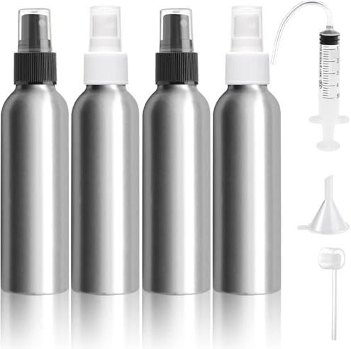 Bohoray 4 Piezas 150ml Bote Spray Pulverizador de Aluminio,Spray Agua Pulverizador Con Etiqueta,Embudo, Jeringa,Reutilizables Botellas de Spray de Vacío Para Aceite Esencial,Aromaterapia,Perfume,Viaje