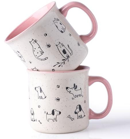AmorArc 22 OZ Large Ceramic Coffee Mugs Set of 2, Oversized Mugs With Big Handle for Men Women Dad Mom, Big Mug With Textured Dogs Cats Patterns for Office & Home -Microwave Safe, 2 Pcs-Pink