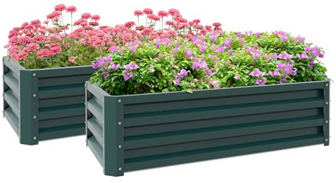 Outsunny Set of 2 Raised Garden Bed, Outdoor Planter Box with Galvanised Steel Frame for Growing Vegetables, Flowers and Herbs, 110 x 50 x 30cm, Green