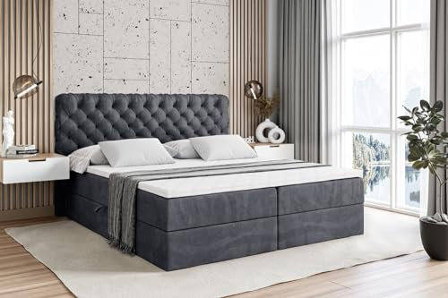 ALTDECOR Boxspringbett mit Matratze und Lattenrost, Boxbett, Topper, Polsterbett mit Bettkasten, Bett mit Stauraum H3-Matratze, Doppelbett, Springboxbett - BOXI8-200x200 - Dunkelgrau Samt