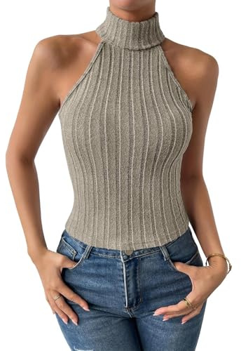 SMIUPIN Camicie a Maglia Senza Maniche per Donne Canotta a Collo Alto Dolcevita Estensibile Crop Top Aderente Gilet Estivo in Maglia (IT, Testo, L, Regular, Regular, Cachi)