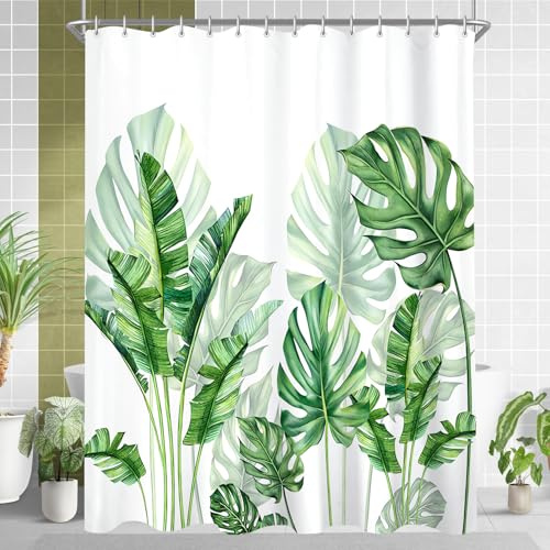 Lerores Duschvorhang 220x180cm, Grün Blätter Beschwerter Saum Antischimmel Textil, Wasserabweisend, Waschbar Polyester Stoff Badevorhänge mit 12 Ösen und Duschvorhangringe für Badezimmer, Badewanne