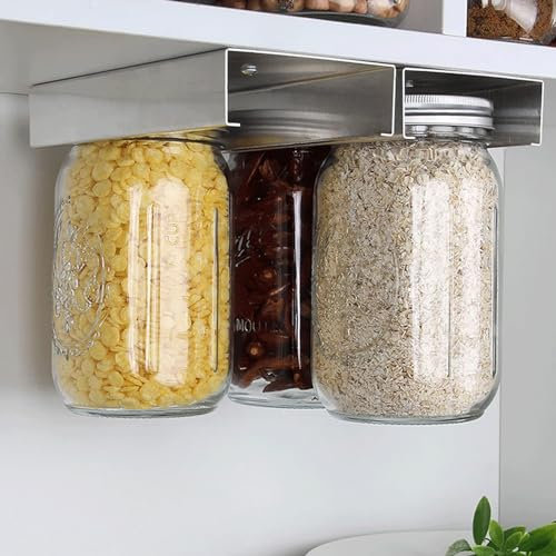 Jenngaoo 2Pcs Mason Jar Organizer, Aluminum Alloy Kitchen Mason Jar Rack Under Cabinet Mason Jars Hanger Brackets for 4oz, 8oz, 12oz, 16oz, 24oz, oz, 64oz (3.25inch)