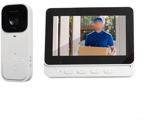 Gettimore Sonnette vidéo intelligente, écran 4,3, interphone sans fil, moniteur HD, audio bidirectionnel, longue durée de vie, installation facile (blanc)