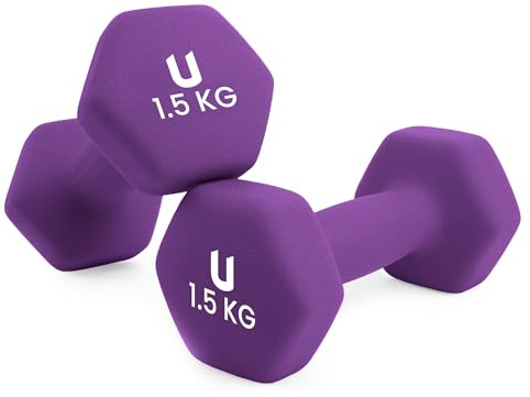 unycos - Neopren Hanteln【2er-Sets, 1,5 kg】Hexagon Kurzhanteln, Rutschfest für Damen und Männer, Anti-Roll-Design, Fitnessstudio, Krafttraining, Pilates, Gymnastik/Fitnessgeräte für Zuhause (Violett)