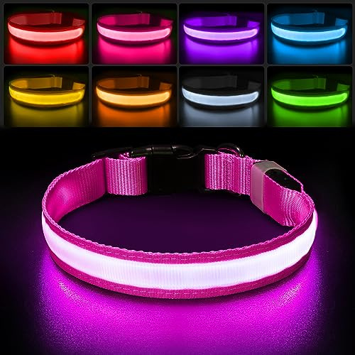 PcEoTllar Leuchthalsband Hund, Hundehalsband Leuchtend Aufladbar mit 7 Farbwechsel - 8 Leuchtmodi, LED Hundehalsband Wasserdicht für Kleine Mittlere Große Hunde Leuchtendes Halsband, Rosa-L