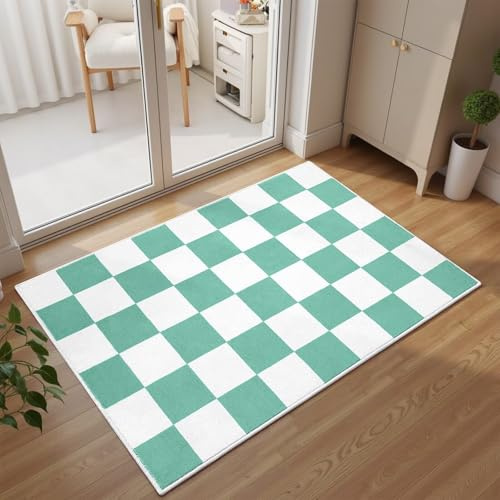 Terrug Grün und Weiß karierter Teppich für Eingangsbereich, 2x3 kleine Bereichsteppiche waschbar mit rutschfester Unterseite für Küche, weicher Niederflor Retro-Teppich für Schlafzimmer Haustür