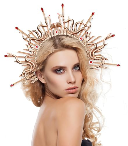 Hifot Medusa Kopfschmuck Schlangen Haarreif Damen Gold Stirnband mit Rotem Kristall Tag Der Toten Kostüm Fasching Haarschmuck Halloween Accessoires für Karneval Maskerade Party