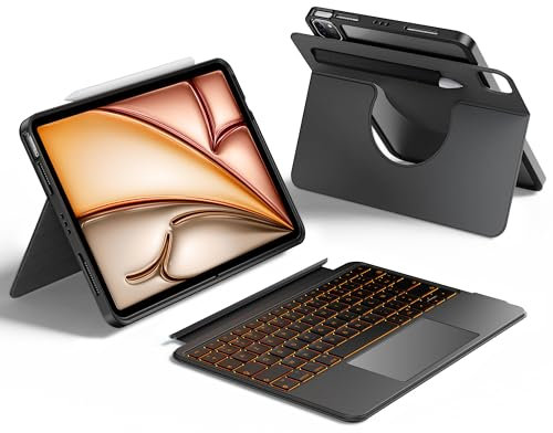 HOU Clavier Rotative pour iPad Air 11 (M3/M2) 2025, Coque Magnétique Détachable avec Clavier pour iPad Pro 11 (4e/3e/2e/1re Gén) et Air (7e/6e/5e/4e Gén), avec Pavé Tactile, Rétroéclairage - Noir