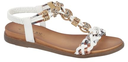 Jo & Joe Sandali piatti da donna intrecciati con cinturino a T e bordo decorato con cinturino posteriore elasticizzato, bianco, 37 EU