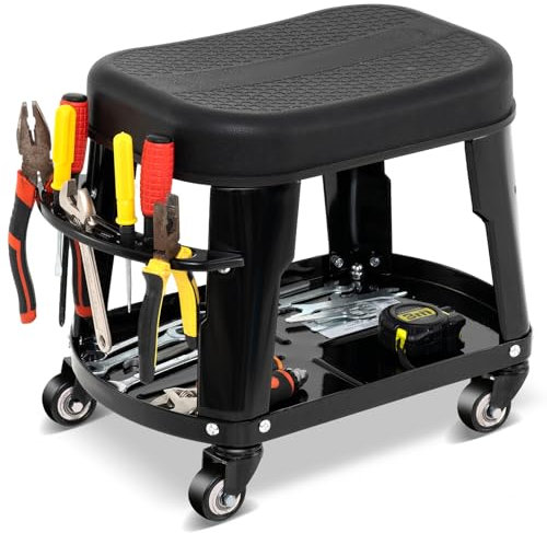 GYMAX Werkstatthocker, rollender Montagehocker mit 4 Universalrollen & klassifizierter Werkzeugablage, gepolsterter Werkstattsitz, Rollhocker für Autoreparatur & Garage, 136 kg Tragfähigkeit