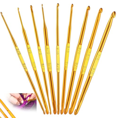 9 Stück Häkelnadel Set Aluminium, 13 cm Extra Lange Häkelnadeln Set, Doppelseitig Tunesische Häkelnadel, Gold Crochet Hook, Häkelset für Anfänger Oder Profis, 2mm-6mm Häkel Zubehör (1)