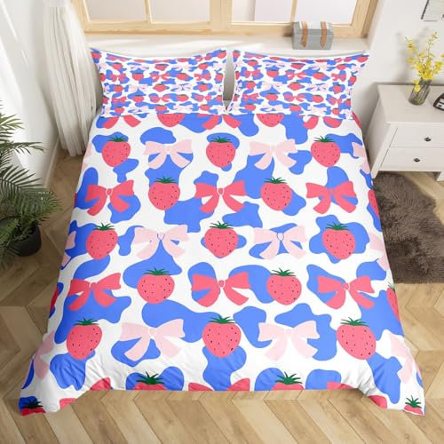 Homewish Funda de edredón con lazo rosa y rojo, funda de edredón con estampado de vaca lechera azul y blanca para niños, niñas y adolescentes, juego de ropa de cama de fresa kawaii, juego de cama con