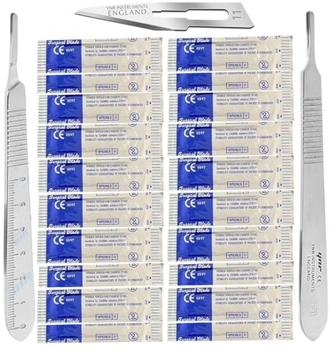 YNR Instruments England Scalpel Handle No.3 - Stainless Steel with 0 to 6cm Ruler & 20x No.11 Blades, Surgical for Medical, Craft Precision Knife Set
