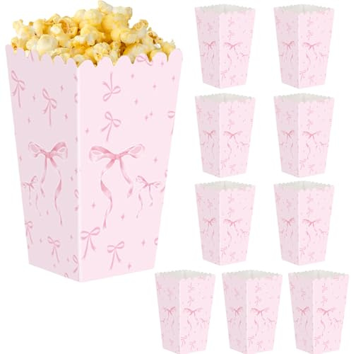 Popcorn Boxes, 10Pcs Bow Paper Popcorn Bags, Exquisite Cardboard Candy Container for Film Night, Cinema Movie Night, Birthday Sleepover Party Treats