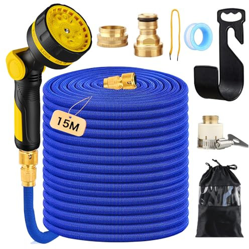 Gartenschlauch Flexibel,Wasserschlauch Flexibel 15m Maximal,Flexschlauch Garten mit 10 Sprühfunktionen,3 Adapter und WandhalterungKnickfrei,für Gartenbewässerung,Autowäsche,etc