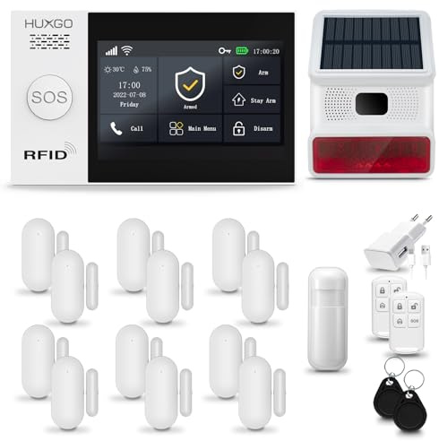 HUXGO® HXA007 Funk Alarmanlage Set WiFi + GSM 4G mit Solar Alarmsirene | Alarm System mit Bewegungsmelder, 12x Fensteralarm/Türsensoren | Alarmanlage fürs Haus, Wohnung | Smart Home
