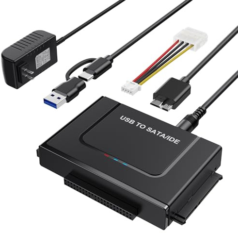 DELXING USB 3.0 to SATA IDE Adapter Hard Drive Reader for 2.5/3.5 IDE SATA HDD/SSD, Dual Interface Hard Disk Converter 5Gbps External Hard Drive Adapter Plug and Play with 12V/2A Power Supply