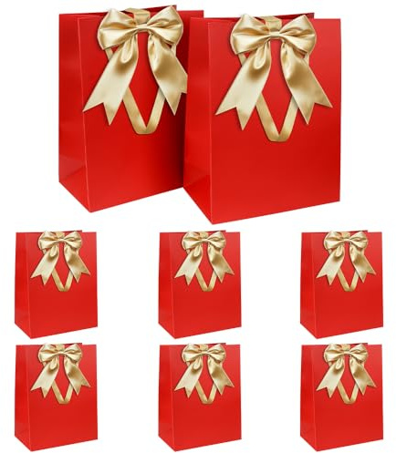 Geschenktüten Set, Rot Geschenktüte mit Schleife Geschenktüte mit Henkel 8 Stück 21 x 31 x 12 cm Groß Geschenktüten für Weihnachten Geburtstag Hochzeit