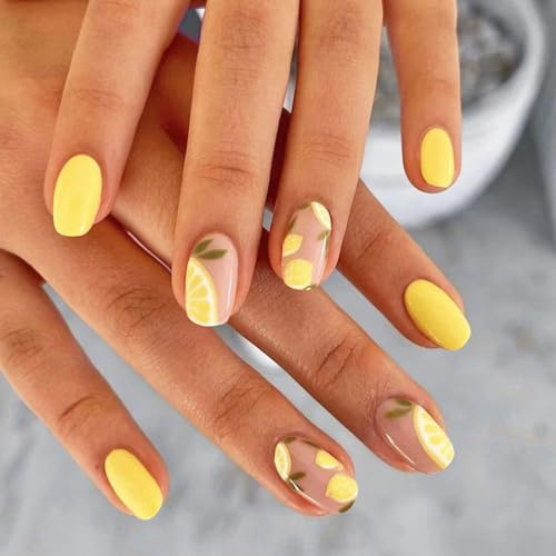 Lemon Press-On False Nails, Short Oval, Glossy Yellow, 24-Piece, 12 Sizes | Clear Nude-Style Bases, White Citrus Outlines And Green Leaf Details, Mixed Fruit Design For Home Manicures And Holidays