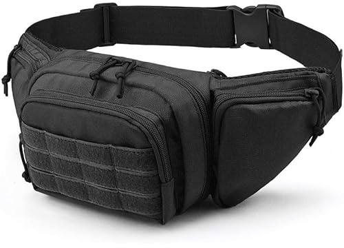 Riñoneras tactica Hombre, Resistente al Agua, Ajustable hasta 140 cm, con múltiples Bolsillos para Viajes, Senderismo, Camping y Ciclismo, Color Negro. (Riñoneras Hombre)