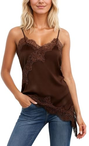 Zanisouta, Tunica da donna senza maniche, Slim Fit, top traspirante, giacca con pizzo, blusa in seta satinata, spalline sottili, pizzo laterale, top in pizzo, top estivo, scollo a V, top in pizzo
