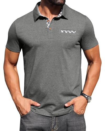 Hisir pikétröja herr kortärmad – 95 % bomull stretch pikétröja med rutig krage och bröstficka detalj – sommar casual t-shirt för män affärsliv och golf, Mörkgrå, XL