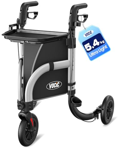 VOCIC Z25Pro Rollator Schmal für Wohnung 3 Rädern,faltbar & leicht mit sitz | Rollatoren für Senioren mit Geländereifen & Rutschfester Tablett, indoor Walker klappbar, Dreiradrollator, MAX 136kg, Silber