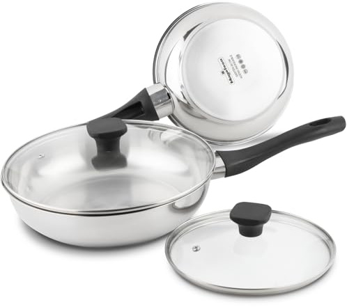 Magefesa Sante - Juego de Sartenes 20 + 26 cm + 2 Tapas de Cristal Termo Resistente, Acero Inoxidable, Sin Antiadherente, Compatible con Inducción