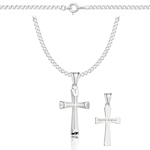 ZELYA Collana in argento 925 con croce a maglia barbazzale per ragazze e ragazzi – 45 – 60 cm catena comunione con croce, catena per bambini per comunione e battesimo, confezione regalo con incisione