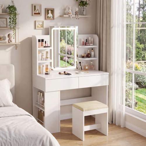 JUMMICO Coiffeuse Blanche avec Miroir LED 3 Couleurs et Tabouret – Set de Maquillage Compact avec Rangement Latéral Réversible, Meuble pour Petite Chambre