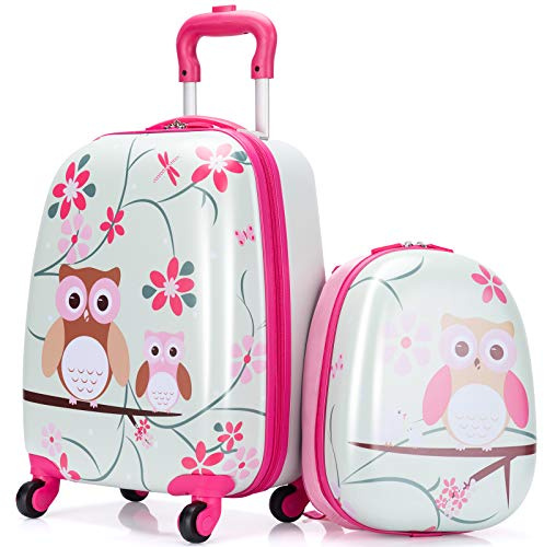COSTWAY Set di Valigia per Bambini, 16 Valigia+ 12 Zaino, 2 Pezzi, con Ruote Girevoli a 360° e Maniglia Retrattile, Ideale per Viaggiare in Modo Comodo e Divertente (Modello 5)
