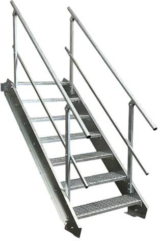 Stahltreppe Industrietreppe Aussentreppe Treppe 7 Stufen-Breite 120cm Variable Geschosshöhe 100-140cm vezinkt mit beidseitigem Geländer