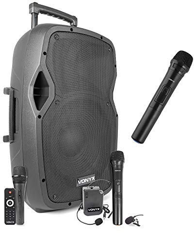 VONYX AP1200PA 12 Portable PA Speaker System with Wireless Bluetooth, MP3 Player, Rechargeable Battery and Microphones for Events, Karaoke and Live Performances