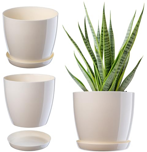KADAX Élégant Pot à Fleurs/Plantes avec Soucoupe Forme Ronde et élégante en Plastique léger pour l’intérieur et la Maison Cache-Pot pour Fleurs, Plantes Ø 23 cm Ivoire
